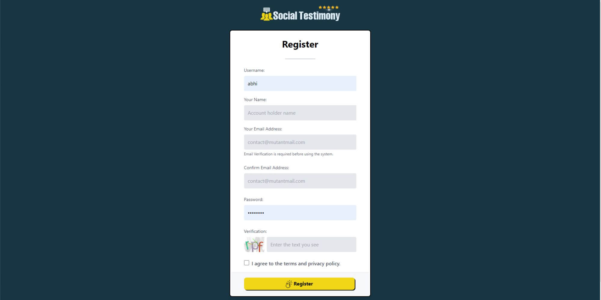 Register on Social Testimony